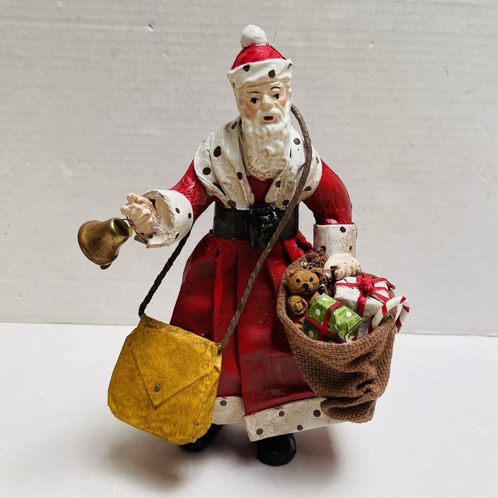 Vintage Red Paper Mache Santa Figurine Made Taiwan Burlap Sack Polka Dot‎ Trim